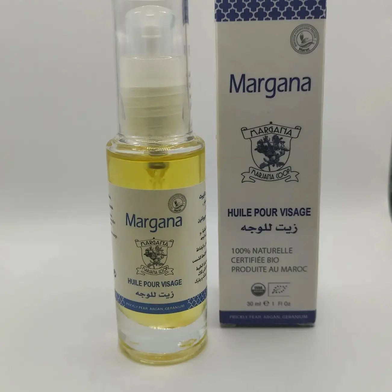 Flacon d’huile pour visage Margana, étiquette en arabe